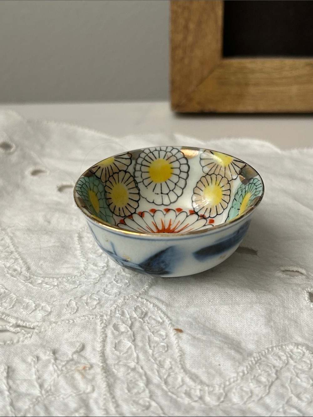 Antique White Ceramic Bowl/ sake cup with Yellow, Blue & Gold Floral Interior